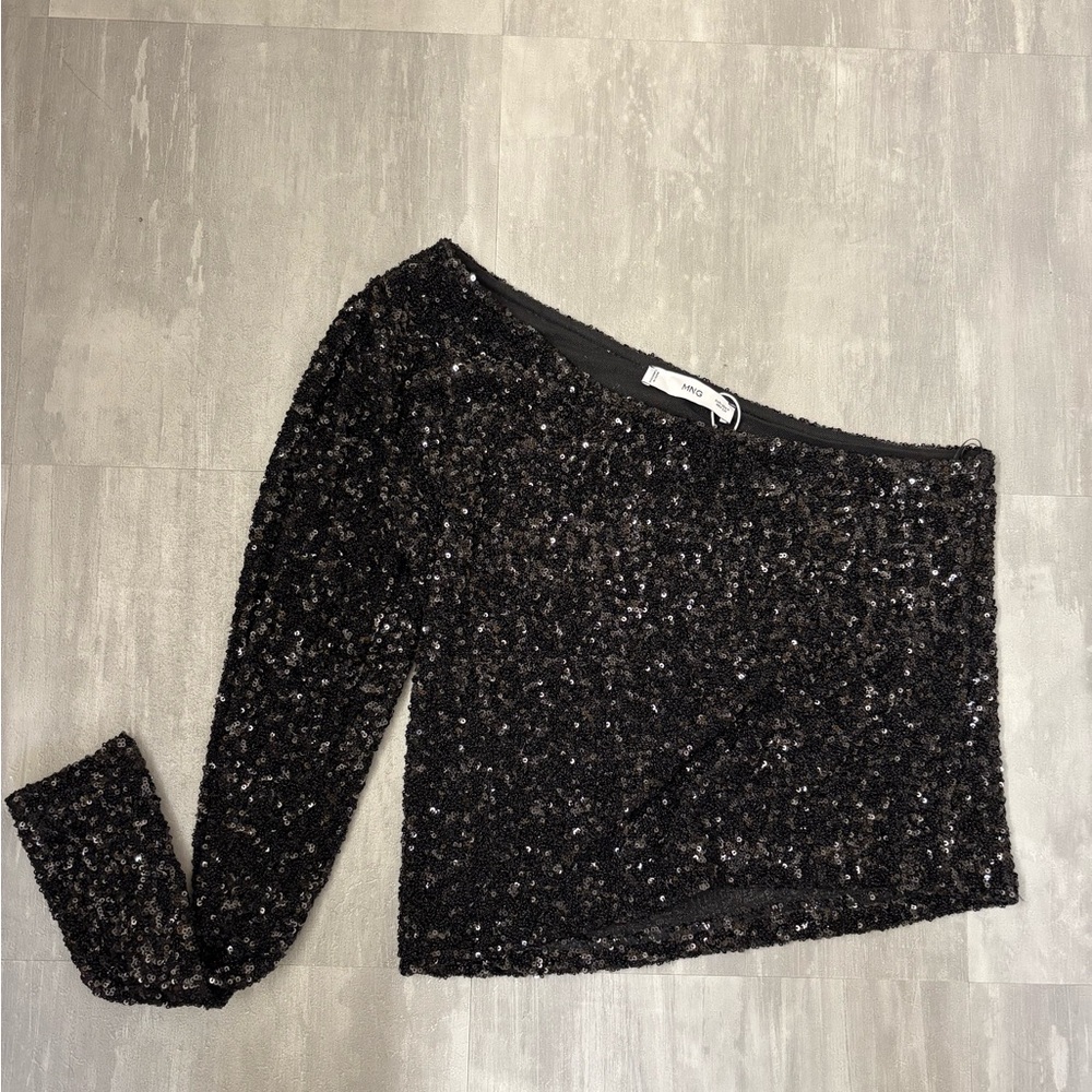 New Black Sequin One-Shoulder Top